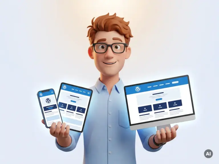 Cartoon-Figur mit Brille hält Smartphone, Tablet und Monitor mit responsiver WordPress-Website auf weißem Hintergrund.