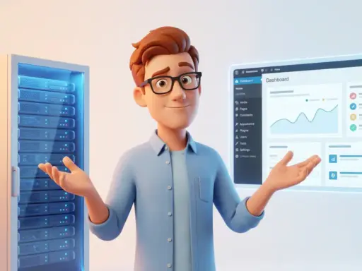 Cartoon-Figur mit Brille und hellblauem Hemd steht zwischen leuchtenden Server-Racks und einem WordPress-Dashboard-Panel.