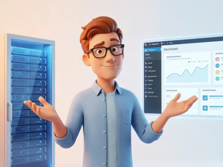 Cartoon-Figur mit Brille und hellblauem Hemd steht zwischen leuchtenden Server-Racks und einem WordPress-Dashboard-Panel.
