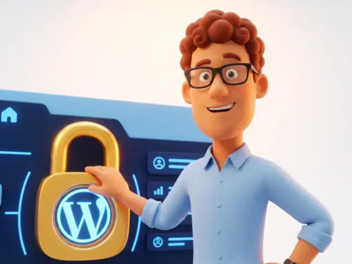 Lächelnde 3D-Cartoon-Figur mit Brille neben einem leuchtenden Schloss auf einem WordPress-Dashboard, symbolisiert WordPress-Sicherheit.