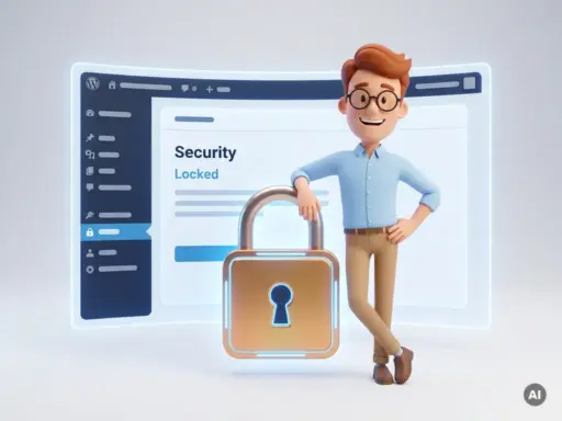 3D-Cartoon-Mann mit Brille und blauem Hemd steht neben einem leuchtenden Schloss auf einer WordPress-Website.