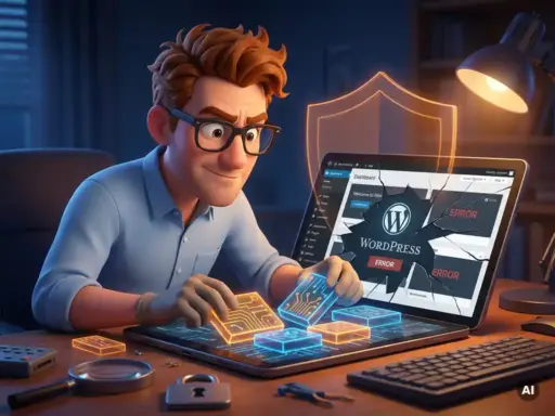 Cartoon-Mann mit Brille extrahiert leuchtende Dateien aus gehackter WordPress-Website, umgeben von Sicherheitswerkzeugen.