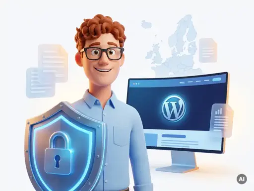3D-Cartoon-Figur mit Schutzschild und Schloss neben einem WordPress-Monitor, EU-Karte und Dokumenten – DSGVO-Sicherheit.