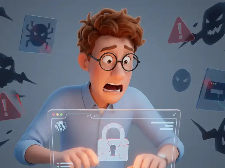 Alarmierter 3D-Cartoon-Mann mit Brille vor gebrochenem Vorhängeschloss auf leuchtendem WordPress-Dashboard, umgeben von digitalen Bedrohungssymbolen.