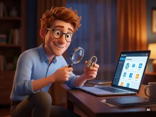 Cartoon-Mann mit Brille untersucht gebrochenes Vorhängeschloss neben WordPress-Website auf Laptop mit Lupe.