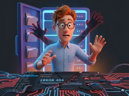 Alarmierter 3D-Cartoon-Mann mit Brille vor korruptem WordPress-Dashboard, aus dem schattenhafte Hände und rote Code-Pfade hervorbrechen.