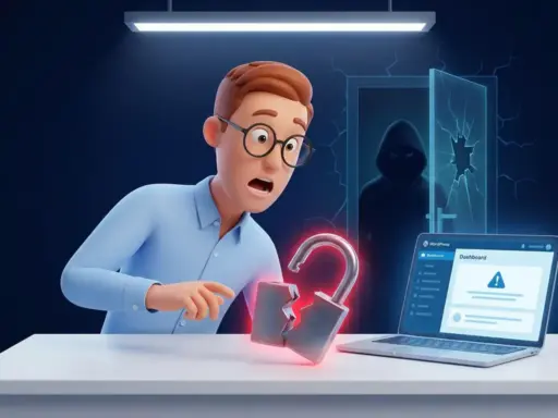 Alarmierter Cartoon-Mann mit Brille vor geöffnetem Vorhängeschloss und WordPress-Laptop, während ein Hacker hinter einer rissigen digitalen Tür lauert.