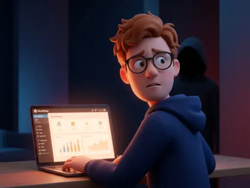 Nervöser Mann mit Brille blickt auf WordPress-Dashboard, während eine dunkle Gestalt im Hintergrund lauert.
