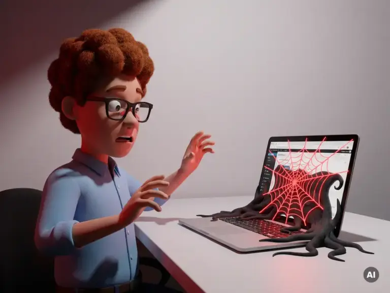Cartoon-Figur mit Brille erschrickt vor leuchtendem rotem Spinnennetz, das eine WordPress-Website auf einem Laptop befällt.