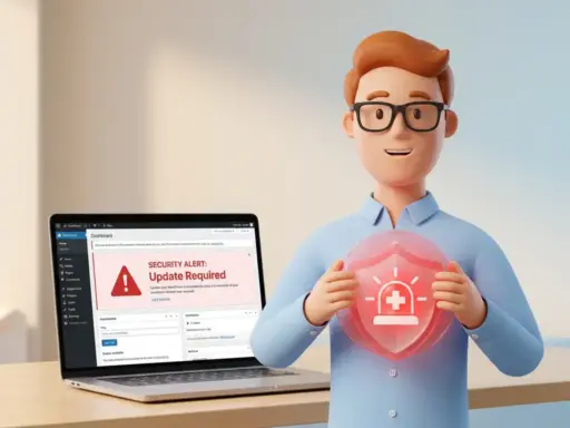 3D-Cartoon-Figur mit Brille hält leuchtendes Sicherheitsschild neben Laptop mit WordPress-Warnmeldung.