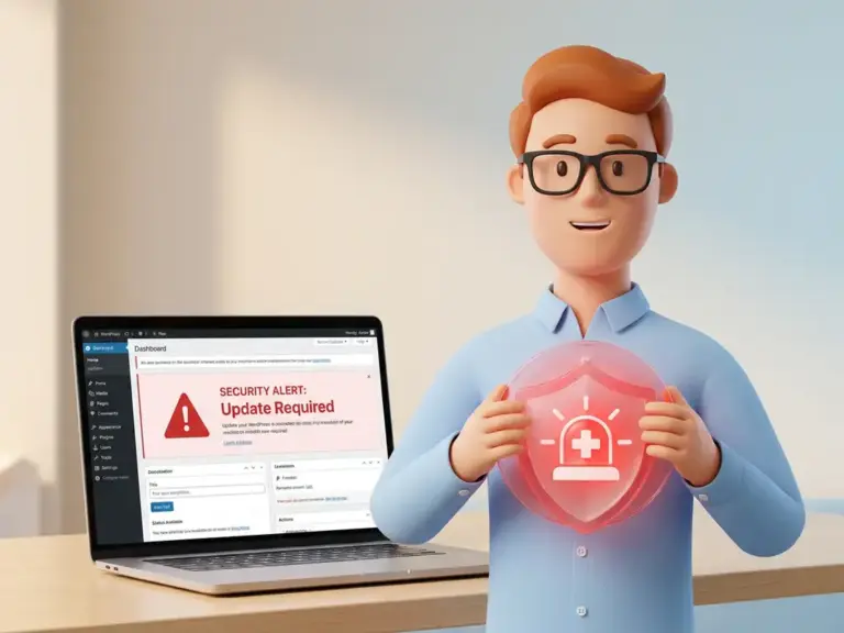3D-Cartoon-Figur mit Brille hält leuchtendes Sicherheitsschild neben Laptop mit WordPress-Warnmeldung.