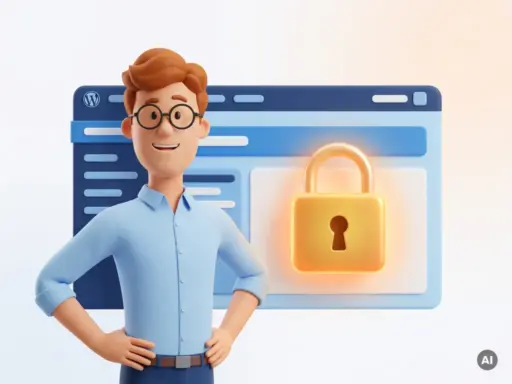 3D-Cartoon-Figur mit Brille neben einem leuchtenden Vorhängeschloss auf einer WordPress-Website-Oberfläche.