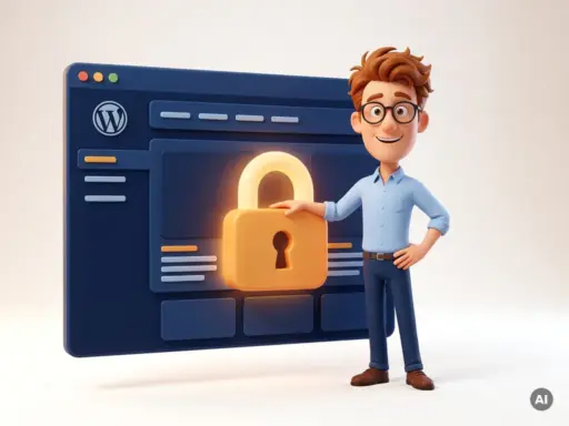Lächelnde 3D-Cartoon-Figur mit Brille neben einem leuchtenden Schloss auf einer WordPress-Website-Oberfläche.