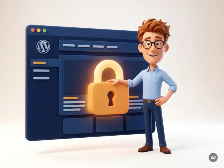Lächelnde 3D-Cartoon-Figur mit Brille neben einem leuchtenden Schloss auf einer WordPress-Website-Oberfläche.