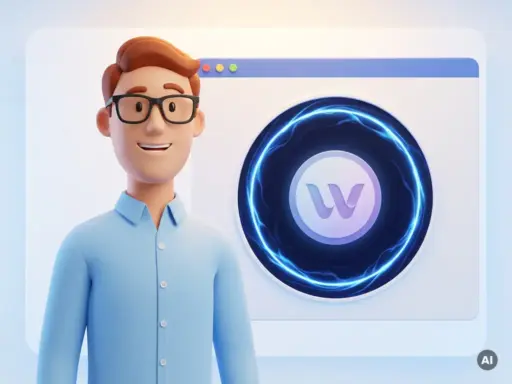 Cartoon-Figur mit Brille und hellblauem Hemd neben einem leuchtenden Schutzschild in einem Browser-Fenster, WordPress-Sicherheit symbolisierend.