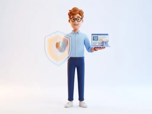 3D-Cartoon-Figur mit Brille hält digitales Schutzschild und WordPress-Website-Modell vor hellblauem Hintergrund.