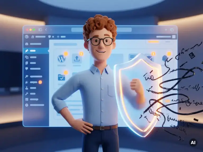 3D-Cartoon-Figur mit Brille hält Schutzschild gegen schädliche Skript-Fragmente vor einem WordPress-Dashboard.