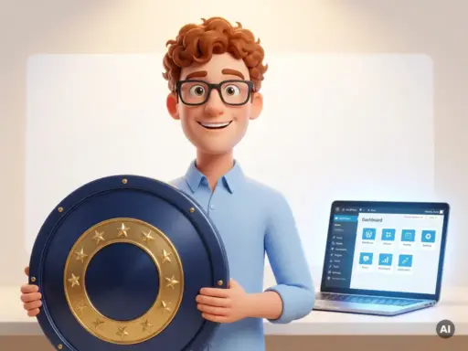 3D-Cartoon-Figur mit Brille hält EU-Sternenschild neben Laptop mit WordPress-Dashboard, symbolisiert DSGVO-Sicherheit.
