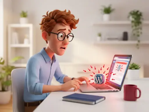 3D-Cartoon-Mann mit Brille blickt erschrocken auf Laptop, während rote Warnpfeile auf WordPress-Symbol einströmen.