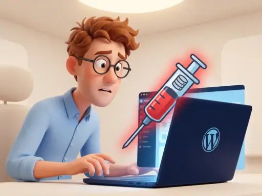 Alarmierter 3D-Cartoon-Mann mit Brille vor Laptop-Bildschirm, riesige Spritze mit Datenbanksymbolen deutet auf WordPress-Oberfläche – SQL-Injection-Bedrohung.