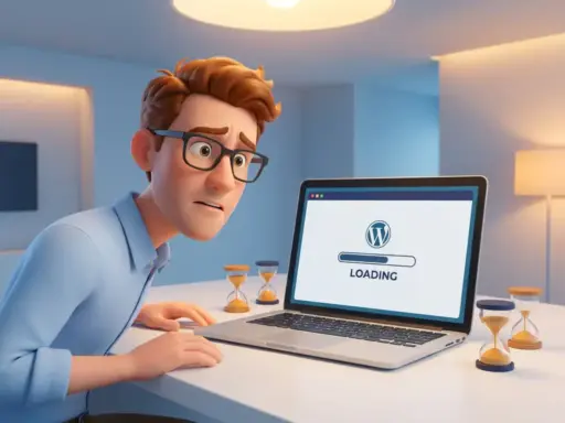 Mann mit Brille schaut besorgt auf langsam ladendes WordPress-Theme auf Laptop, umgeben von Sanduhren auf weißem Schreibtisch.