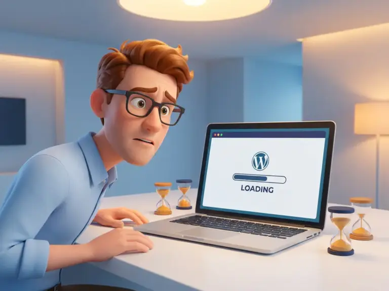 Mann mit Brille schaut besorgt auf langsam ladendes WordPress-Theme auf Laptop, umgeben von Sanduhren auf weißem Schreibtisch.
