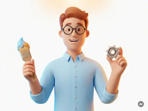 3D-Cartoon-Figur mit Brille hält Pinsel und Zahnrad als Symbole für WordPress-Theme und Plugin.