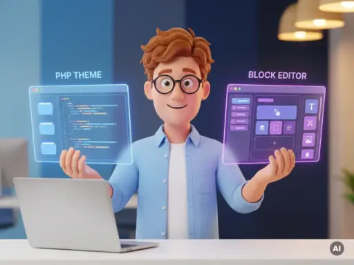 3D-Cartoon-Figur mit Brille hält zwei leuchtende WordPress-Theme-Vorlagen – klassisch und Block-Editor – am weißen Schreibtisch.