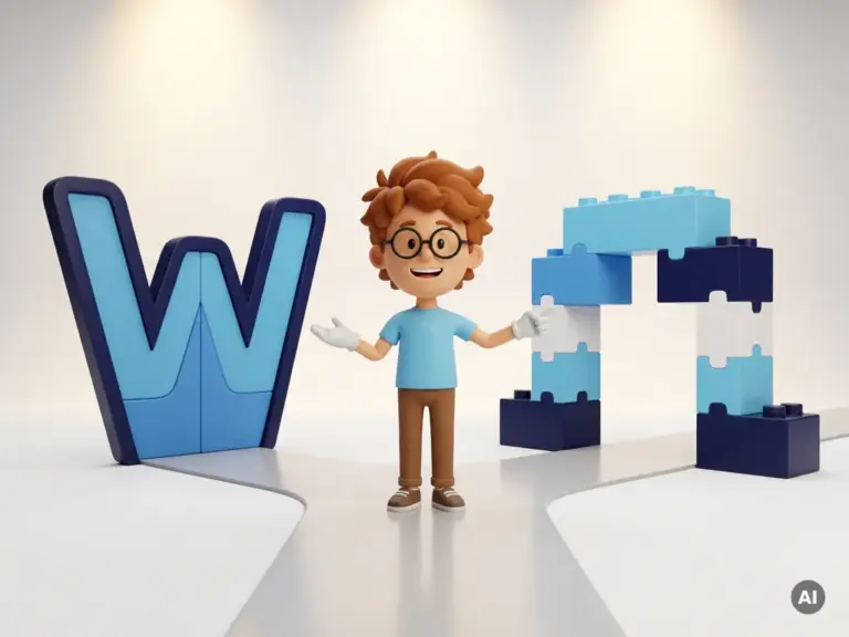 Cartoon-Figur mit Brille und hellblauem Hemd steht an einem Scheideweg zwischen einer WordPress-Tür und einer modularen Blockstruktur.