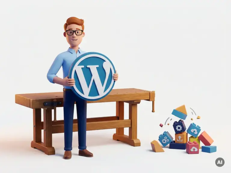 Cartoon-Figur mit Brille hält WordPress-Logo neben stabilem Eichenholztisch, während generische Website-Builder-Blöcke zerfallen.