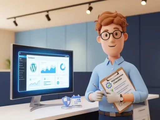 Cartoon-Figur mit Brille und Klemmbrett neben leuchtendem WordPress-Dashboard auf Monitor, Schild- und Kalendersymbole auf weißem Schreibtisch.