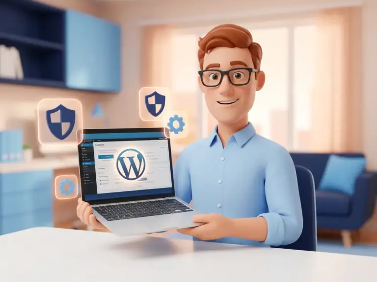 Cartoon-Figur mit Brille hält Laptop mit leuchtendem WordPress-Dashboard, umgeben von schwebenden Wartungs-Icons wie Schilden und Zahnrädern.