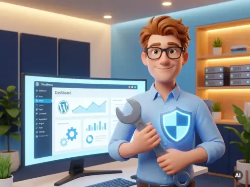 Cartoon-Mann mit Brille und Schraubenschlüssel wartet ein leuchtendes WordPress-Dashboard auf einem großen Monitor.