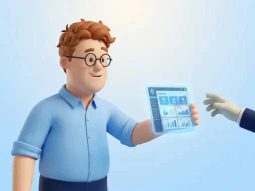 3D-Cartoon-Figur mit Brille übergibt leuchtendes WordPress-Dashboard, Symbol für ausgelagerte WordPress-Wartung.