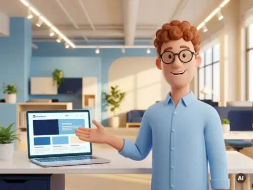 3D-Cartoon-Figur mit Brille und hellblauem Hemd zeigt stolz auf einen Laptop mit WordPress-Website im modernen Webagentur-Büro.