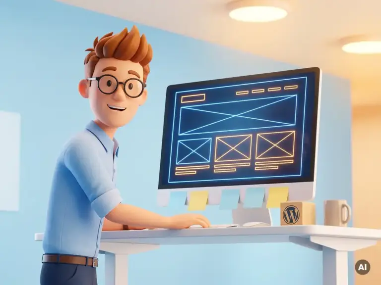 Cartoon-Figur mit Brille und blauem Hemd prüft ein Webseiten-Wireframe auf einem Monitor am modernen Schreibtisch.