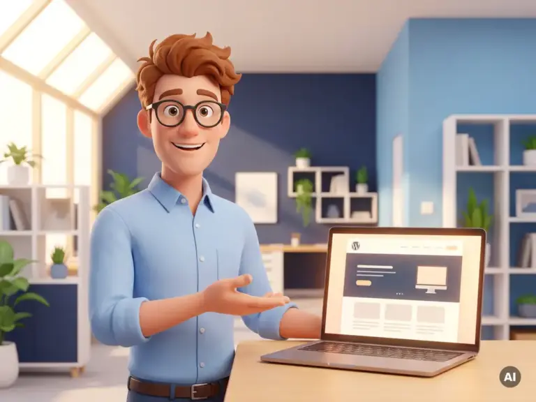 Cartoon-Figur mit Brille und hellblauem Hemd präsentiert stolz eine WordPress-Website auf einem leuchtenden Laptop im modernen Büro.