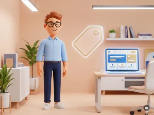 Cartoon-Figur mit Brille und blauem Hemd neben schwebendem Preisschild und Laptop mit WordPress-Website.