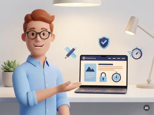 3D-Cartoon-Figur mit Brille zeigt auf leuchtenden Laptop mit WordPress-Website, umgeben von Icons für Design, Sicherheit und Geschwindigkeit.