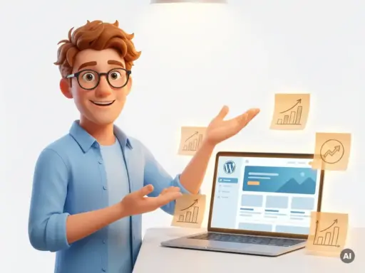 Cartoon-Figur mit Brille zeigt stolz auf einen Laptop mit moderner WordPress-Website, umgeben von Aufwärtstrend-Grafiken.
