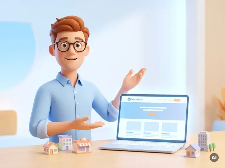 Freundliche 3D-Cartoon-Figur mit Brille zeigt auf leuchtenden Laptop mit WordPress-Website, umgeben von kleinen Gebäude-Icons für kleine Unternehmen.