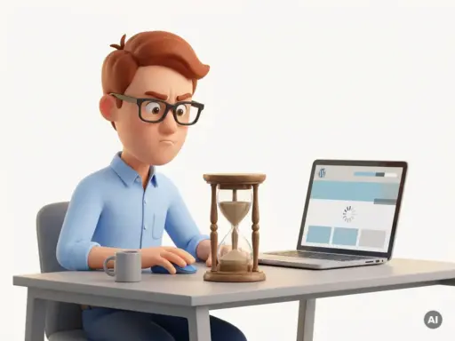 Cartoon-Figur mit Brille blickt frustriert auf eine Sanduhr neben einem langsam ladenden WordPress-Website-Laptop.
