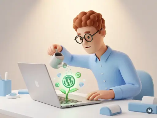 Cartoon-Mann mit Brille gießt eine WordPress-Website als leuchtende Pflanze auf einem Laptop, umgeben von Schutzschild-Icons.