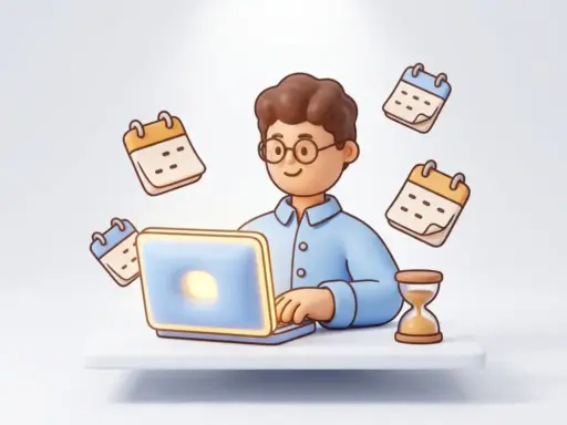 Claymorphismus-Figur mit Brille und blauem Hemd arbeitet an leuchtendem Laptop, umgeben von schwebenden Kalenderseiten und Sanduhr.