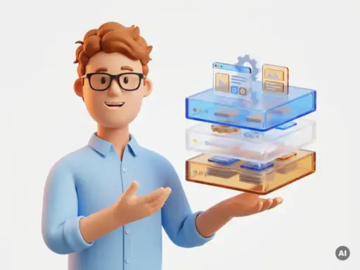 Cartoon-Figur mit Brille zeigt auf leuchtenden transparenten Cache-Schichten mit Website-Elementen auf weißem Hintergrund.